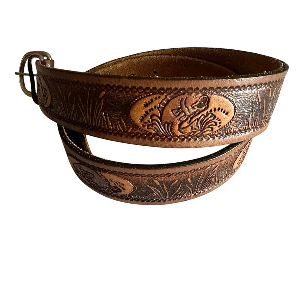 Grandpa Fishing Belt Mens Size 40 Brown Tooled Cowhide Leather Fish